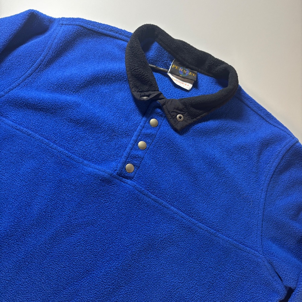 VTG Perigee Sportswear Fleece Pullover Shirt Button Up Collar‎ Cobalt Blue Mens
